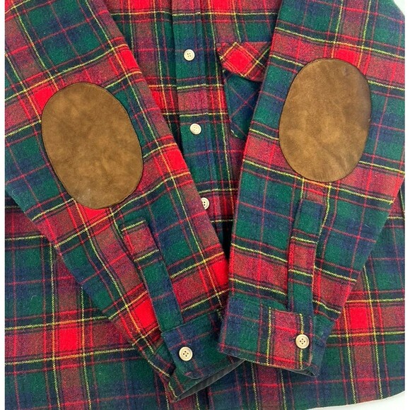 Vintage Woolrich Tweed Button Up Shirt Elbow Patches Tartan Plaid USA Mens M - Picture 3 of 12